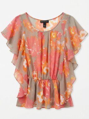 INC International Concepts Floral Flutter Sleeve Peplum Blouse Coral Size 4